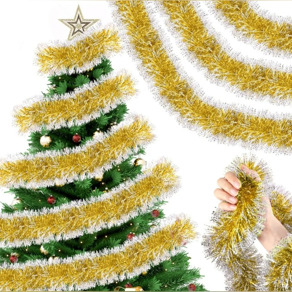 164 ft Christmas Frost Tip Tinsel Garland Glitter Silver Edge Metallic Streamers